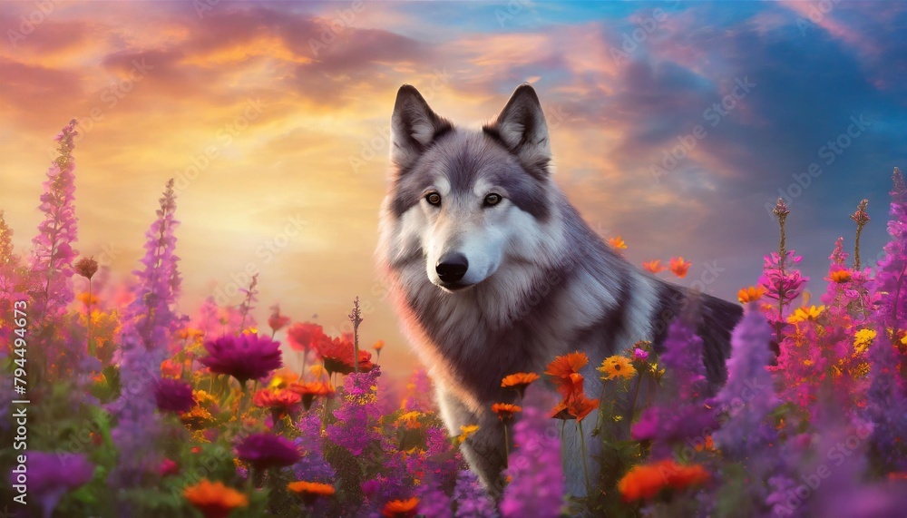 beautiful wolf in a summer evening scene with colorful flowers and a magical fantasy sky