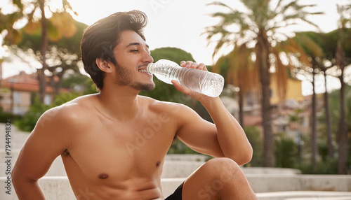 giovane ragazzo che beve acqua estate caldo rinfrescarsi  photo