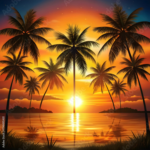 free vector summer background with sunset and palm