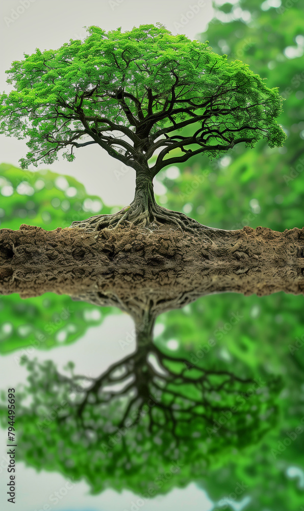 A tree with its roots in the ground and its branches reaching up to the sky. The reflection of the tree in the water adds a sense of depth and tranquility to the scene A tree with its roots in the ground and its branches reaching up to the sky. The reflection of the tree in the water adds a sense of depth and tranquility to the scene