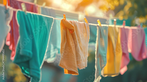 Assorted clothes pinned on a clothesline, basking in the warm glow of the sun, suggesting daily life and chores.
 photo