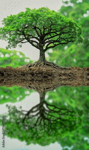 A tree with its roots in the ground and its branches reaching up to the sky. The reflection of the tree in the water adds a sense of depth and tranquility to the scene