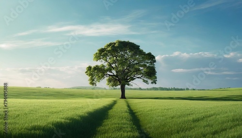 tranquil lone tree stands proud in vast green field under summer sunlight