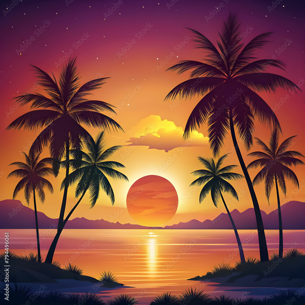free vector summer background with sunset and palm