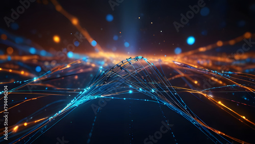 Internet data transmitting, Digital background, A great quantity of glowing joint connected 3 dimension Dots, Cybernetic, Dreamscape, Only Glowing Orange and blue, Black color empty space and backgrou photo
