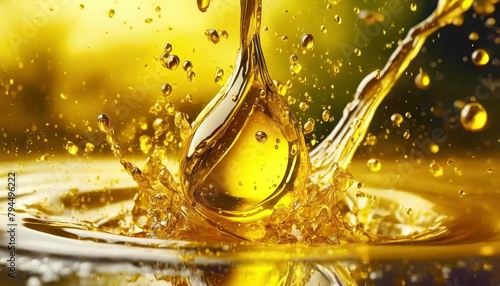 splashes and drops of liquid oil fresh olive or motor engine oil eco nature golden color close up shine yellow cosmetic oil or cosmetic essence liquid drop 3d render