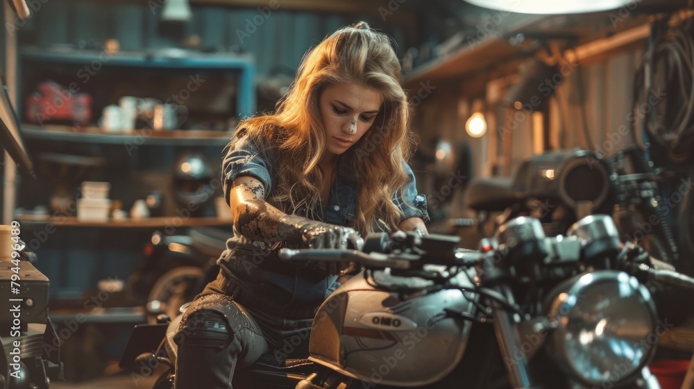female mechanic fixing a motorcycle with oil in her arms