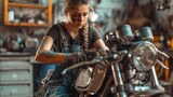 Mechanic woman fixing a motorcycle with oil on her arms in high resolution and high quality. mechanical concept,woman