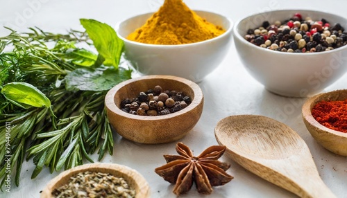 herbs and spices on white background