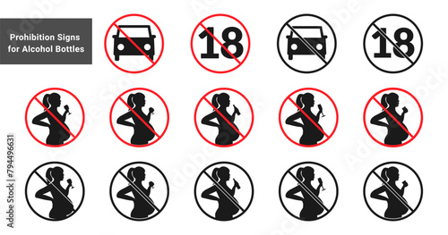 Prohibition signs for alcohol bottles Of Pregnant Woman Drinking Alcohol, no 18, no drive. Vector icon set for for wine, champagne, beer, whiskey and cognac