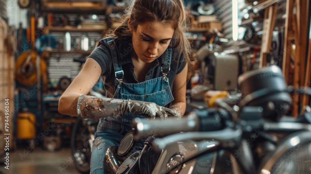 Mechanic woman fixing a motorcycle with oil on her arms in high resolution and high quality. mechanical concept, woman, workshop Mechanic woman fixing a motorcycle with oil on her arms in high resolution and high quality. mechanical concept, woman, workshop