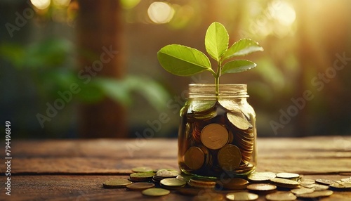 plant growing out jar of coins on wooden table investment growth concept