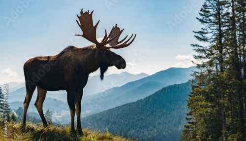 silhouette of moose on hill tree in front mountains and forest in background magical misty landscape illustration horizontal banner