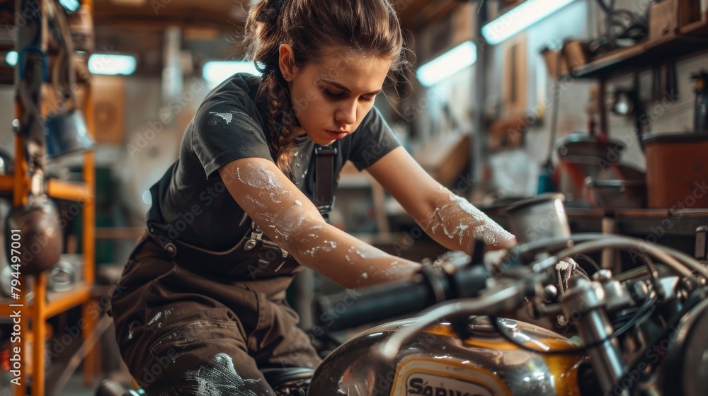 Obraz premium Mechanic woman fixing a motorcycle with oil on her arms in high resolution and high quality. mechanical concept, woman, workshop, motorcycle
