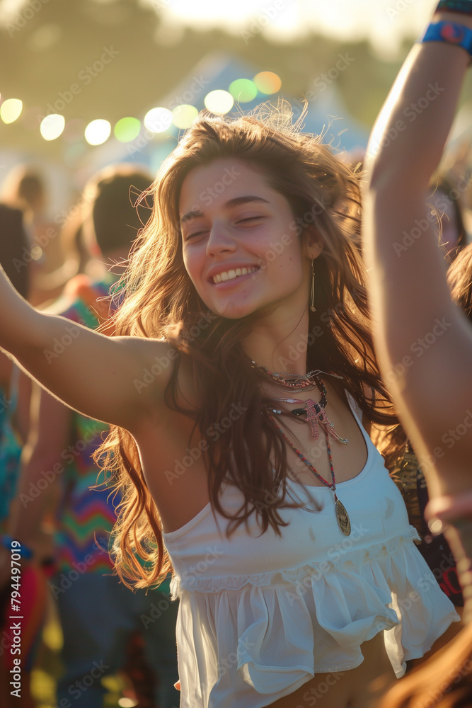 attractive young woman dancing on a music festival. High quality photo