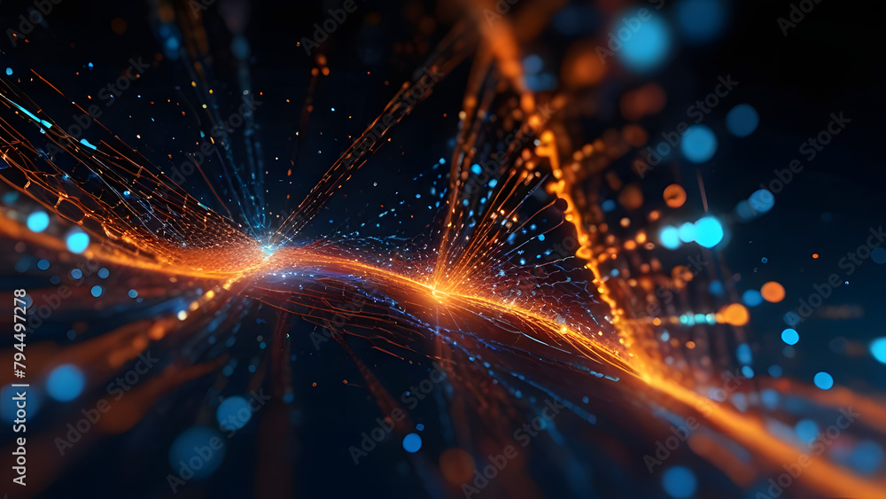 Naklejka premium Internet data transmitting, Digital background, A great quantity of glowing joint connected 3 dimension Dots, Cybernetic, Dreamscape, Only Glowing Orange and blue, Black color empty space and backgrou