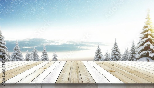 wooden terrace the blurred and christmas background concept wood white table top perspective in front of natural in the sky