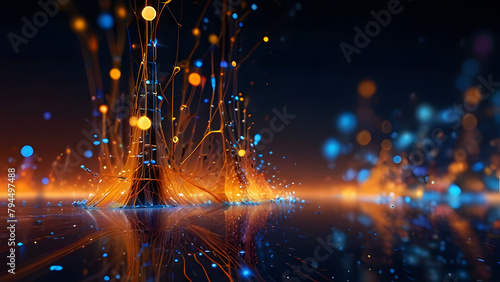 Internet data transmitting, Digital background, A great quantity of glowing joint connected 3 dimension Dots, Cybernetic, Dreamscape, Only Glowing Orange and blue, Black color empty space and backgrou
