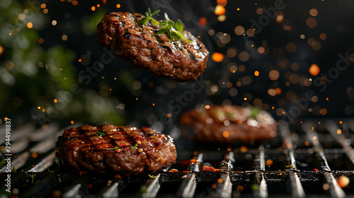 Flying pieces of beef meat pieces on hamburger from grill grid, isolated on black background, Concept of flying food, very high resolution image
