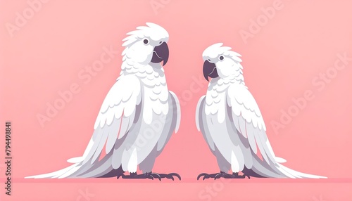 White Cockatoos on Pink Background. vibrant image featuring two white cockatoos perched against a contrasting pink background. Ideal for bird enthusiasts. photo