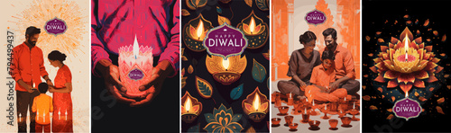 Happy Diwali. Festival of Lights. Vector illustration of an Indian family celebrating a holiday, hands holding a candle and a pattern of lanterns for a card, poster or background photo
