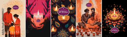Happy Diwali. Festival of Lights. Vector illustration of an Indian family celebrating a holiday, hands holding a candle and a pattern of lanterns for a card, poster or background