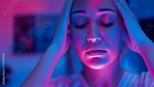 Emotional portrait of a woman feeling depressed, with her hands on her head under the light of blue and red lamps symbolizing distress or headache. Migraine and intracranial pressure photo