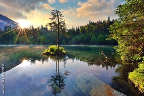 Lake Crestasee at sunrise, water reflection, Flims, Canton Graubuenden, Switzerland, Europe photo