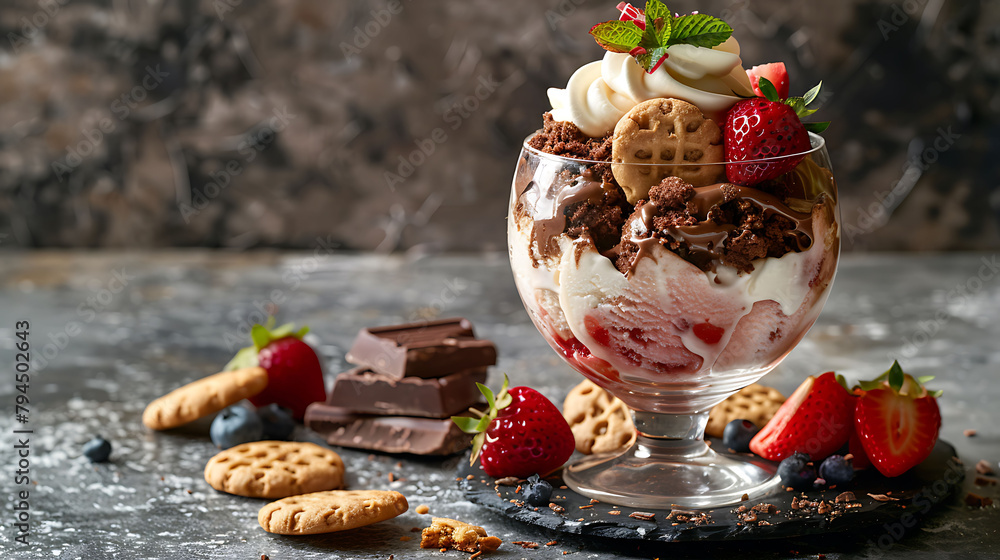High Angle Still Life of Dessert Sundae with Neapolitan Flavors of Ice Cream  Glass Dish with Scoops of Chocolate, Vanilla and Strawberry Ice Cream with Cookie Biscuits, Garnishes and Copy Space