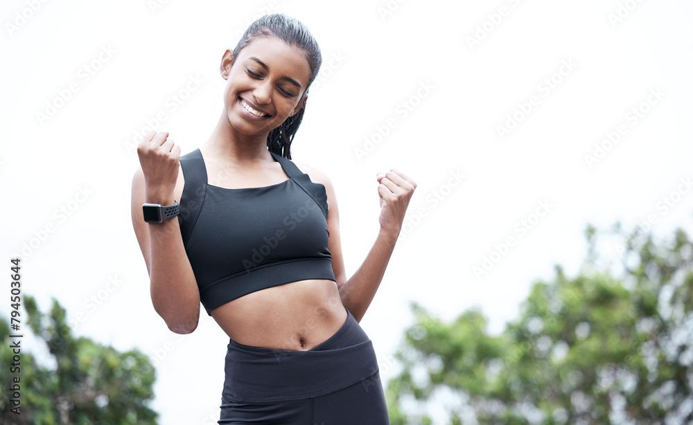 Outdoor, woman and happy with victory from exercise or workout in with running for fitness, health and win. Female person, cardio and smile with training for wellness, wellbeing and self care - obrazy, fototapety, plakaty 