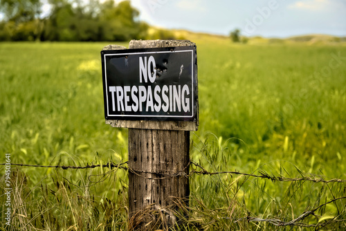 No trespassing sign on wooden post with barbed wire