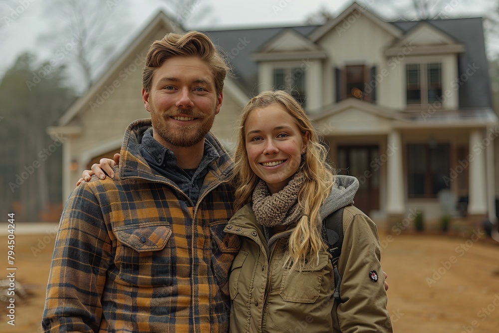A man and a woman are smiling in front of a tartanplaid house