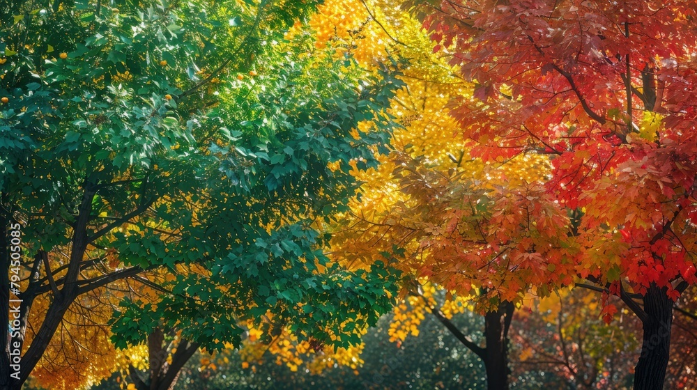 Vibrant hues of green yellow and orange grace the trees in the autumn park creating a beautiful collection of colorful leaves