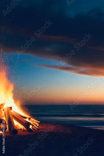 Campfire on sandy beach as sun sets over water, coloring sky with hues of dusk