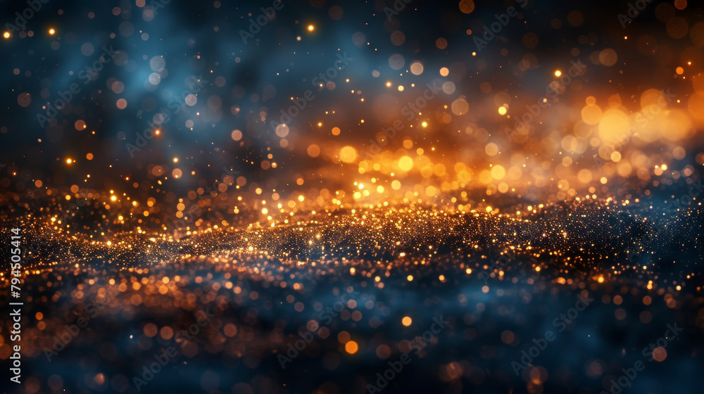 Abstract scene with a dazzling array of golden particles against a dark background