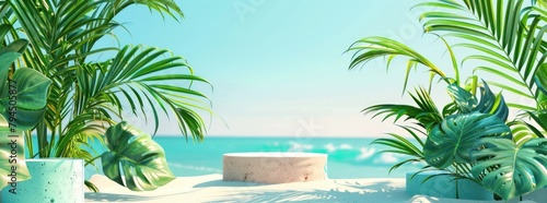 3d rendering of tropical beach with palm leaves and sand podium scene for summer product display presentation background.