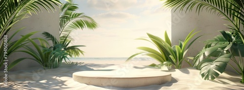 3d rendering of tropical beach with palm leaves and sand podium scene for summer product display presentation background. © inthasone
