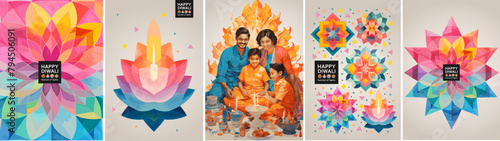 Happy Diwali. Festival of Lights. Vector modern geometric illustration of Indian family, flowers, light bulbs with candle, pattern for greeting card, background or poster.	
