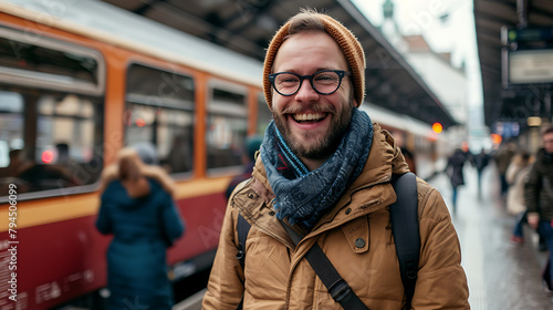 a man smiling while standing next to a train at a station with a train in the background and people walking