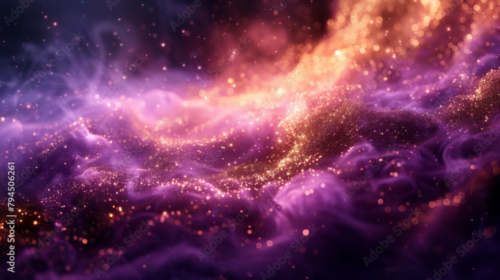 Abstract purple and orange background with flowing waves and glowing particles