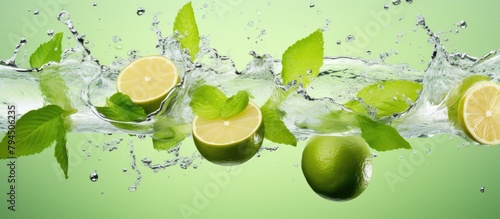 Citrus leaves and limes falling into liquid stream, adding flavor to the water