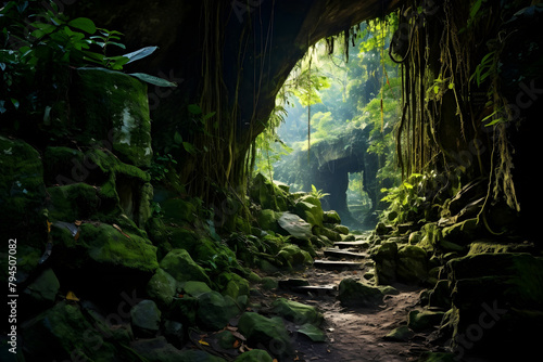 Serene sunlit forest path through an ancient cave in morning light