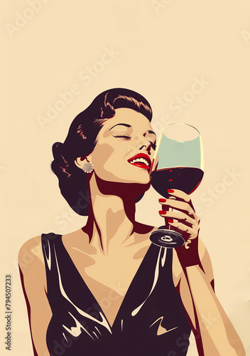 illustration vintage style années 1950 - une femme bois un verre de vin rouge