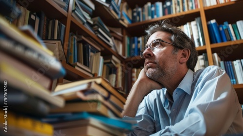 A candid photo of an economist lost in thought taking a moment to ponder while surrounded by shelves of books and various economic reports. .