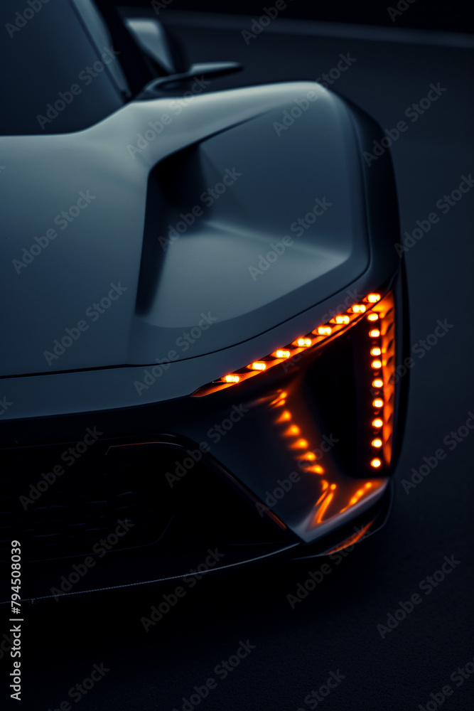 Closeup non-existent brand-less generic concept black electric car headlights. Front view. 3D illustration rendering