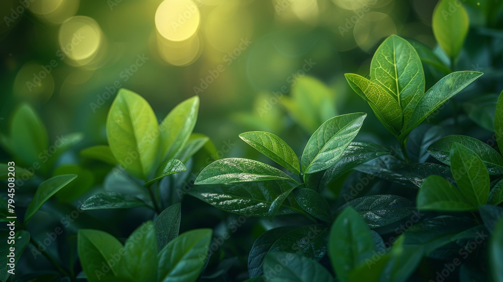 A serene close-up of lush green leaves with sunlight filtering through the foliage, creating a calming ambiance A serene close-up of lush green leaves with sunlight filtering through the foliage, creating a calming ambiance
