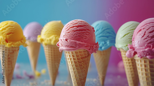 Selection of colorful ice cream scoops in paper cones, copy space