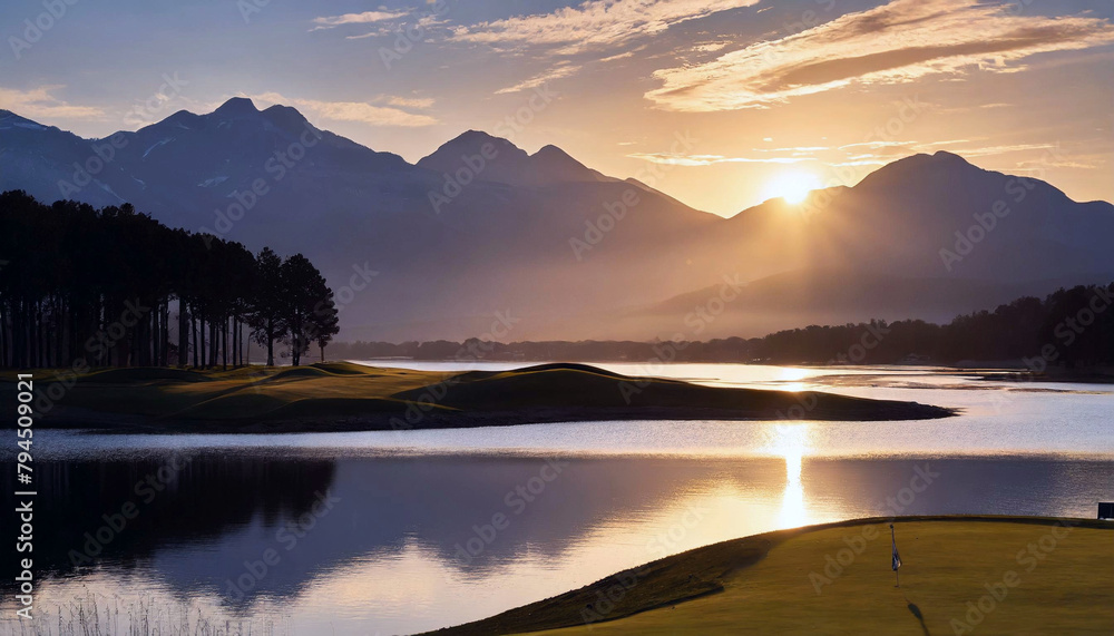 golf silhouettes with a view of a lake and mountains at sunset on the horizon; beautiful nature landscape, sunshine