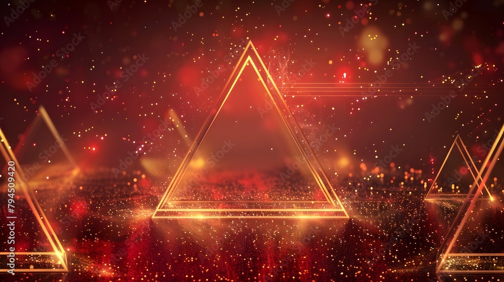 Visualize a luxurious scene featuring an abstract red and gold background adorned with a triangle frame design and glittering gold light effects