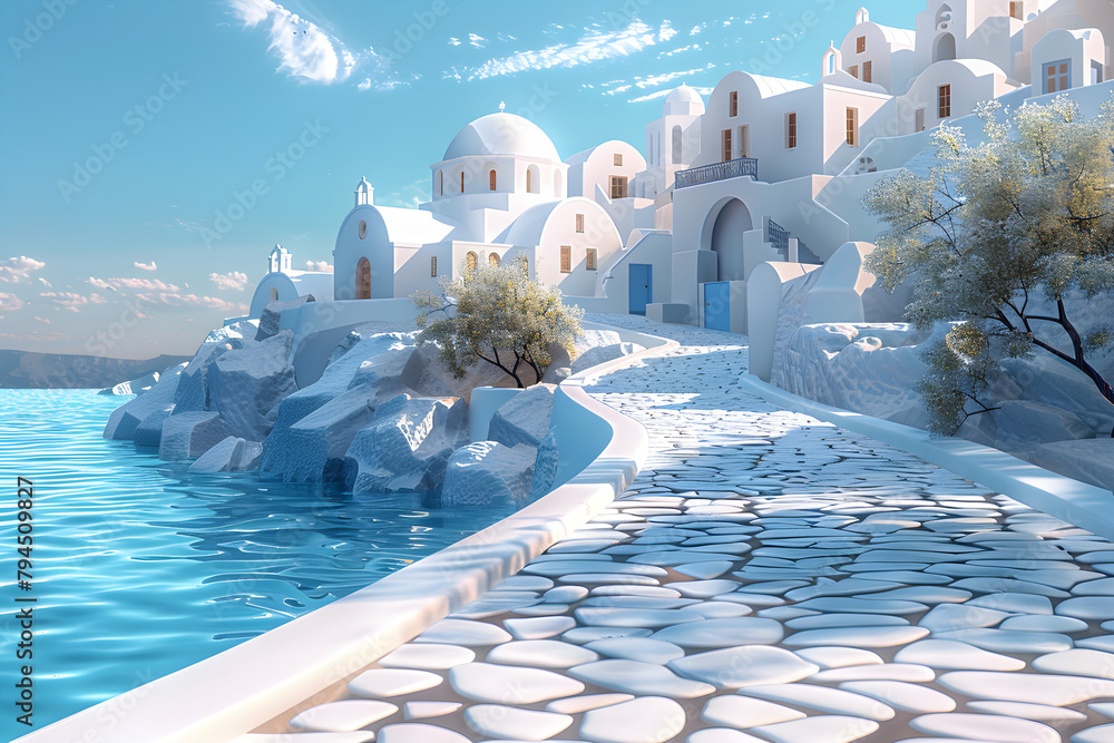 A beautiful panoramic view of Santorini, Greece, with white buildings and blue domes overlooking the Mediterranean Sea. Perfect for travel holiday summer wallpaper. - obrazy, fototapety, plakaty 
